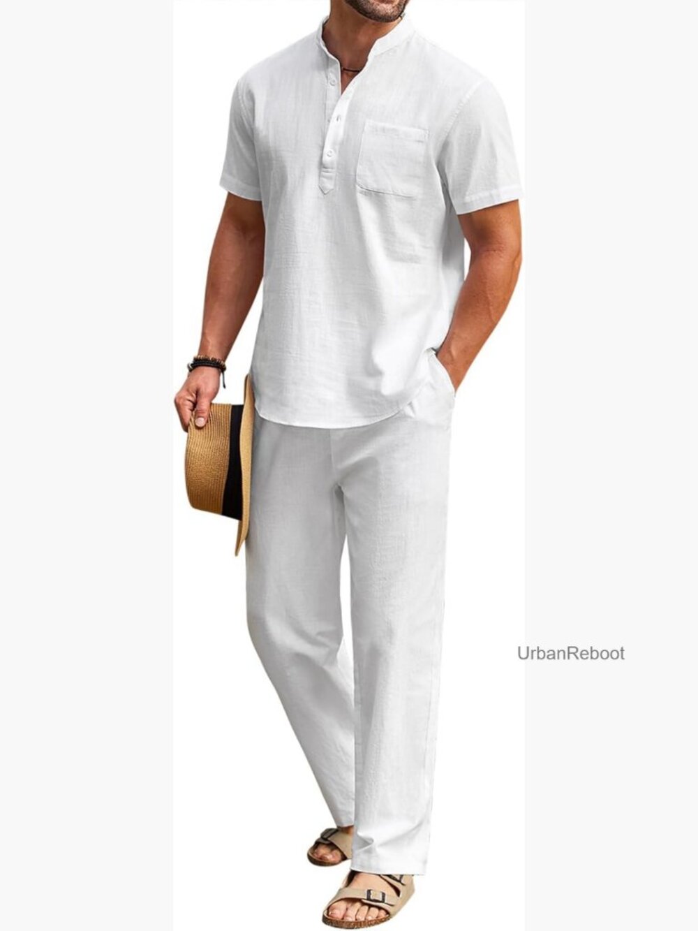 Men's 2 Piece Cotton Linen Set Casual Short Sleeve Henley Beach Yoga Outfits